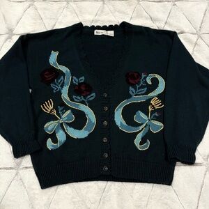 That’s Me Vintage Women’s Acrylic Grannycore Button Cardigan Sz M Flower Bow